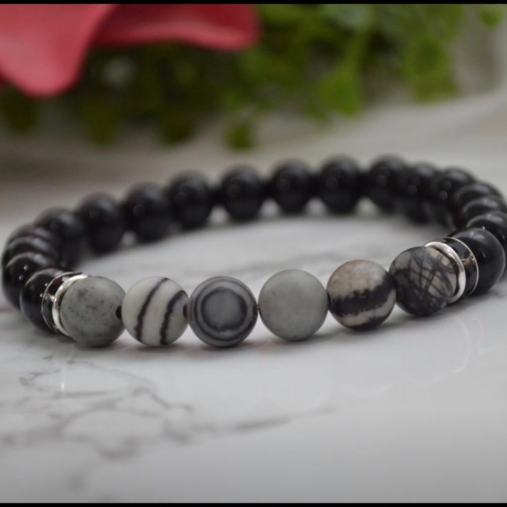 Black Silk Stone and Black Obsidian Bracelet